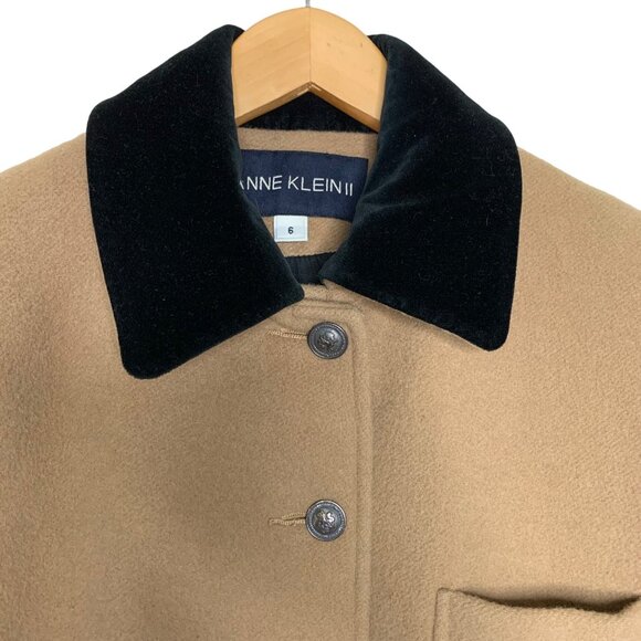 Flawed Anne Klein II Camel Coat Wool Black Velvet Collar Button Up Womens Size 6 - Picture 3 of 14